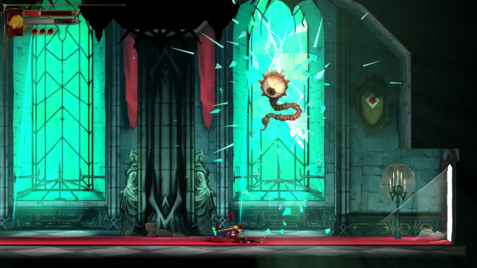 A Peeping Eye bursts through the large windows of the Main Hall in Castlevania: Belmont's Curse.
