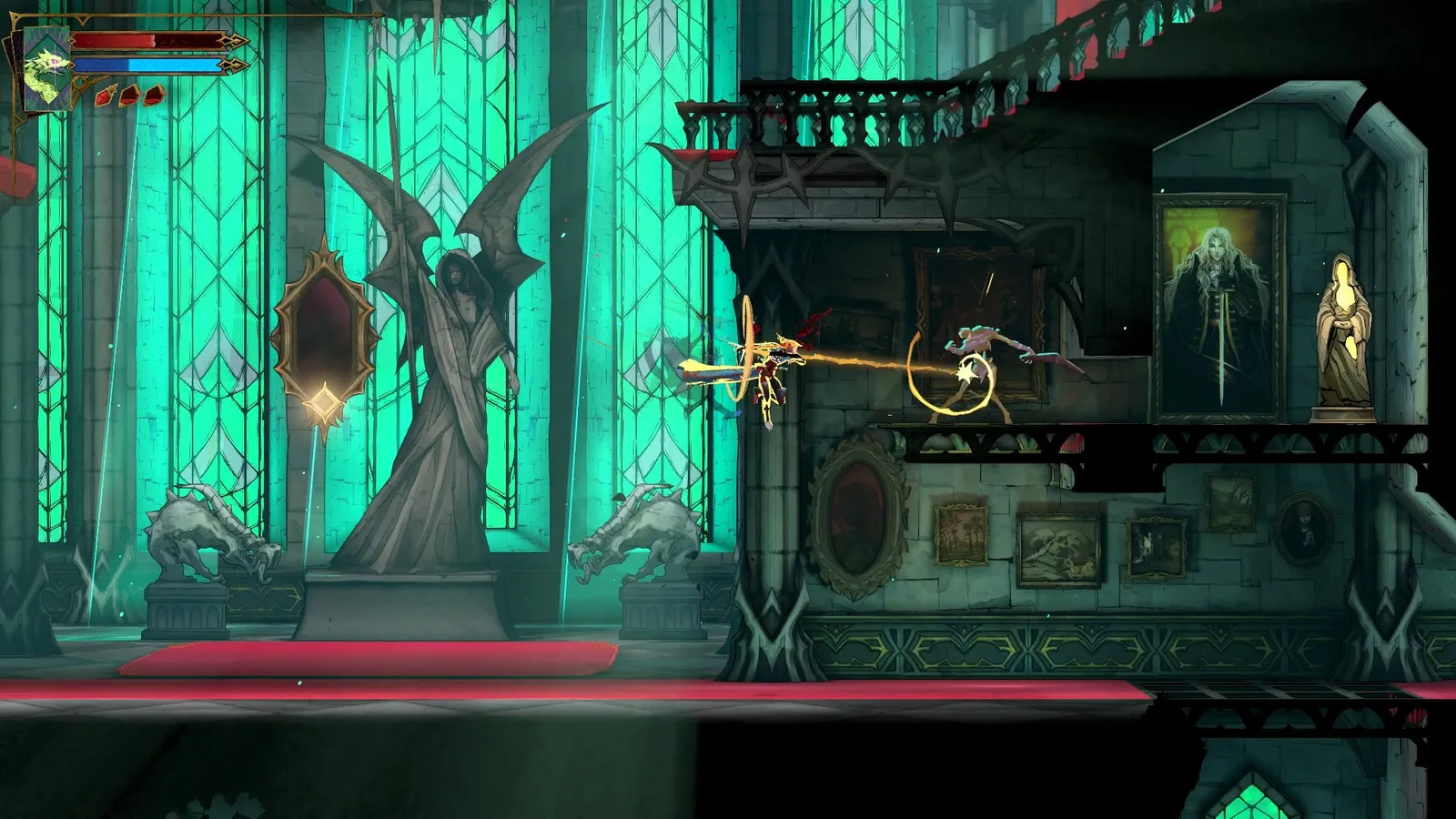 Rose whips a Skelerang standing by an Alucard portrait and a Virgin Mary Statue in Castlevania: Belmont's Curse.