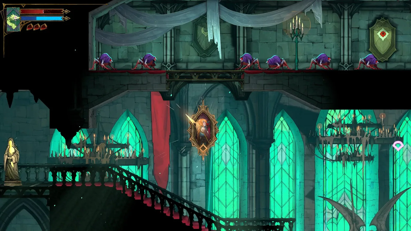 Rose stays in a Mirror in Castlevania: Belmont's Curse as a whole bunch of Fleamen frolic about in a corridor above her.