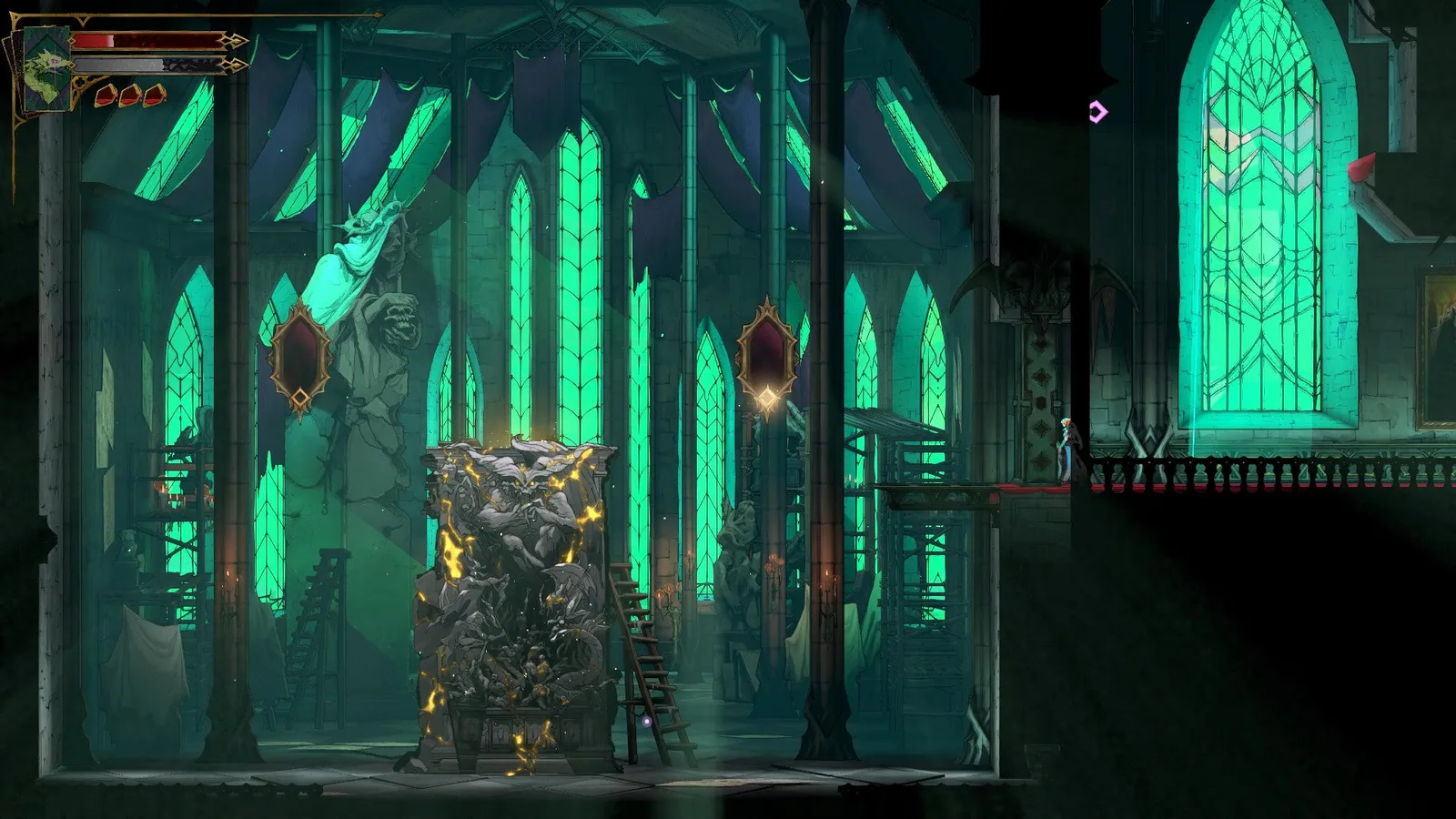 Rose observes a huge sculpture depicting a gothic demon in Brauner's Atelier, one of the rooms in Castlevania: Belmont's Curse's Main Hall.
