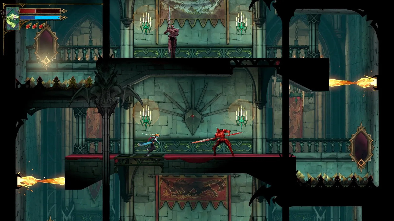 A Spear Armor faces down Rose as she ascends a section of the Main Hall in Castlevania: Belmont's Curse. Another Spear Armor is above her.