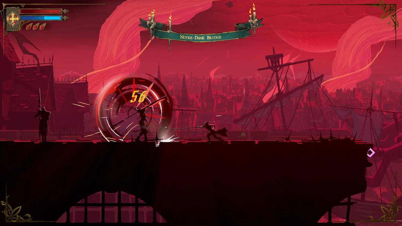 Rose runs along the Bridge of Notre-Dame in Castlevania: Belmont's Curse, battling Spear Armors. Only their dark silhouettes are visible in the moody red night.