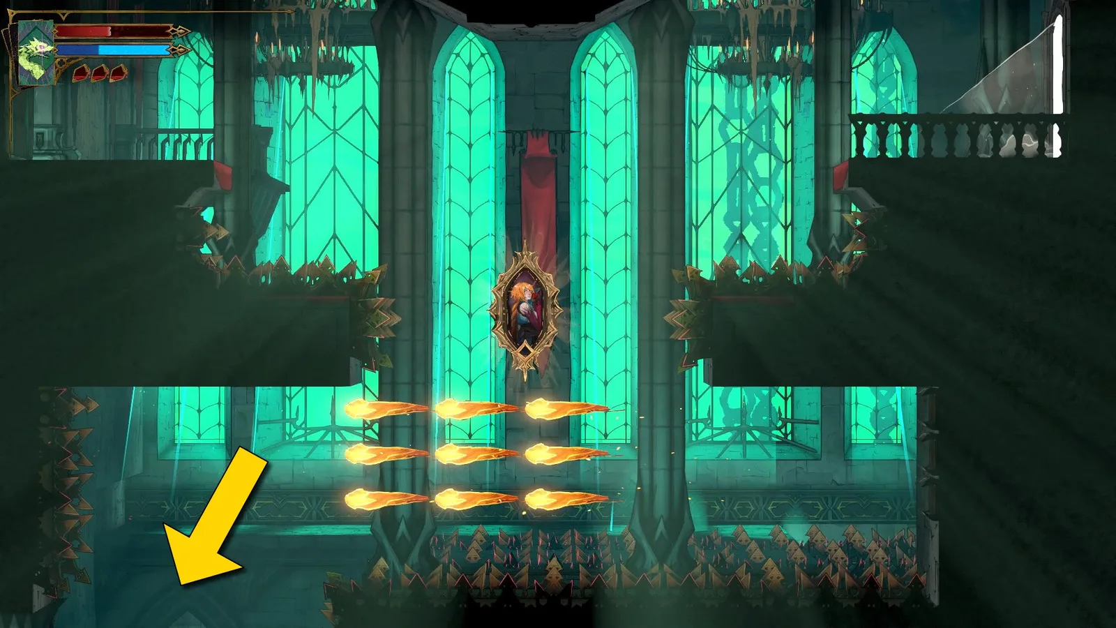 A yellow arrow points to the lower left side of the screen as Rose stays encased in a Mirror in Castlevania: Belmont's Curse, avoiding a stream of fireballs flying across the air beneath her.
