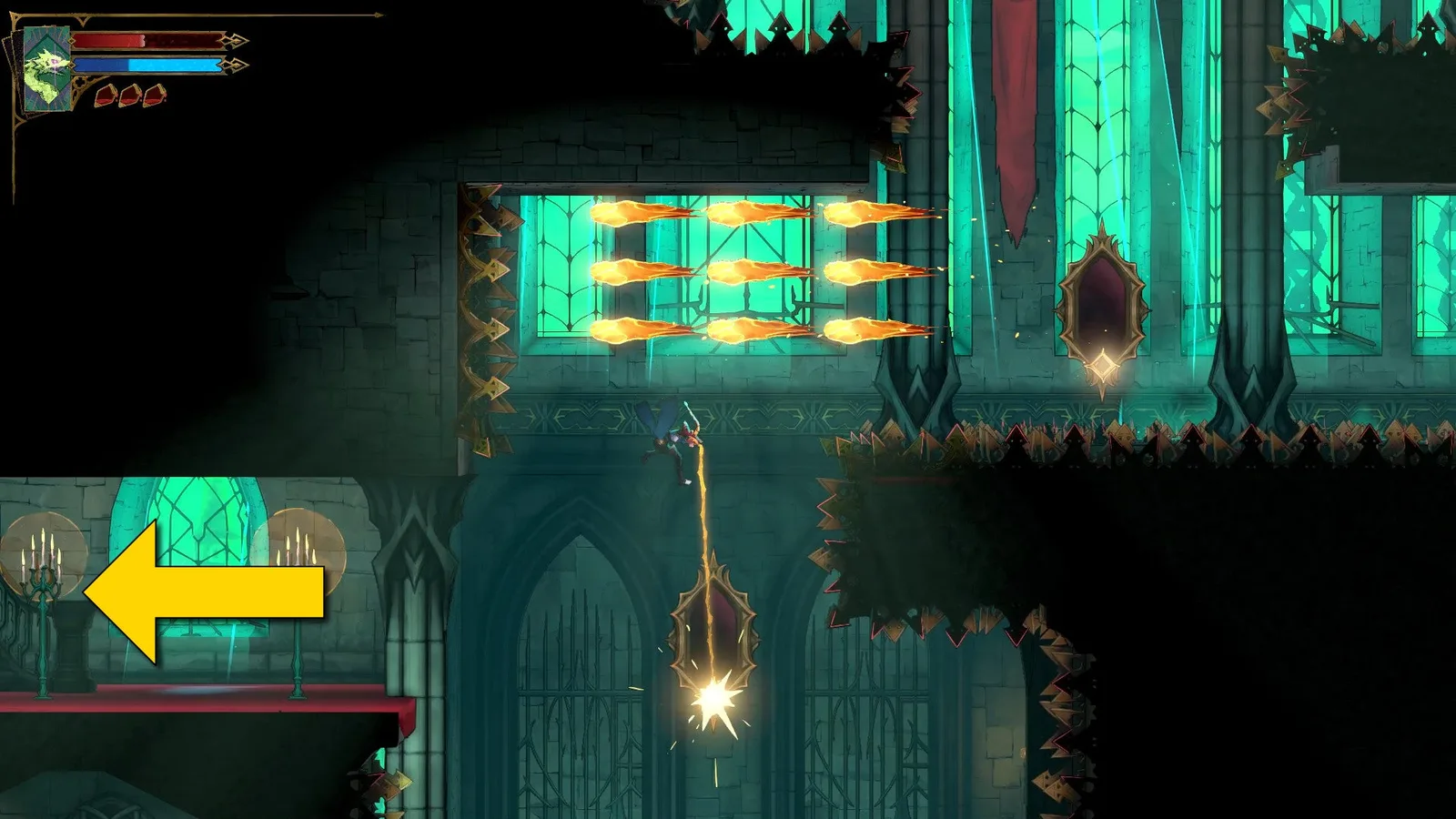 A yellow arrow indicates that Rose, encased in a painting, should travel east to make it through this stretch of the Main Hall in Castlevania: Belmont's Curse.