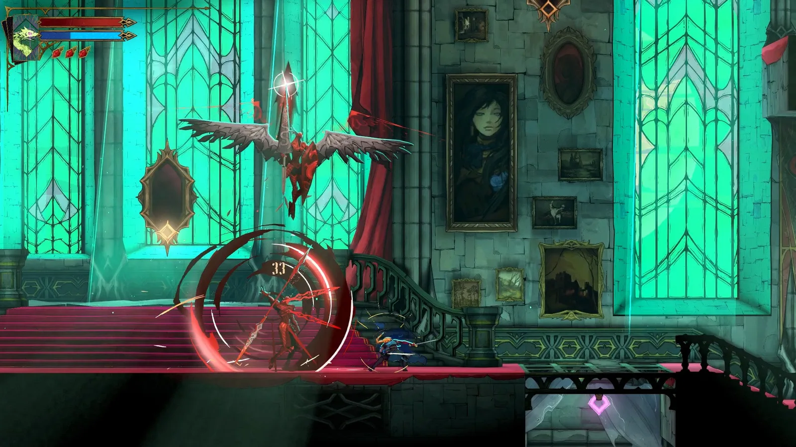 Rose battles a Spear Armor and a Flying Armor in Castlevania: Belmont's Curse. The Spear Armor is swinging its weapon viciously while the Flying Armor lurks above with a lance.