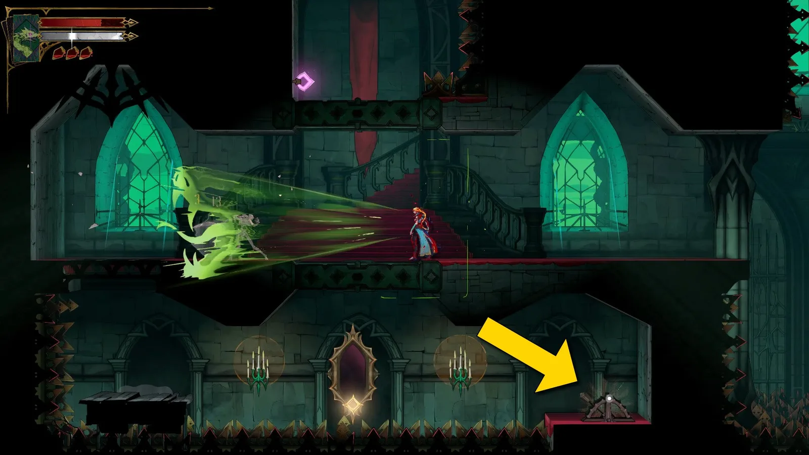Rose blasts a foe with Medusa's Petrifying Gaze in Castlevania: Belmont's Curse. A yellow arrow highlights a lever beneath her.