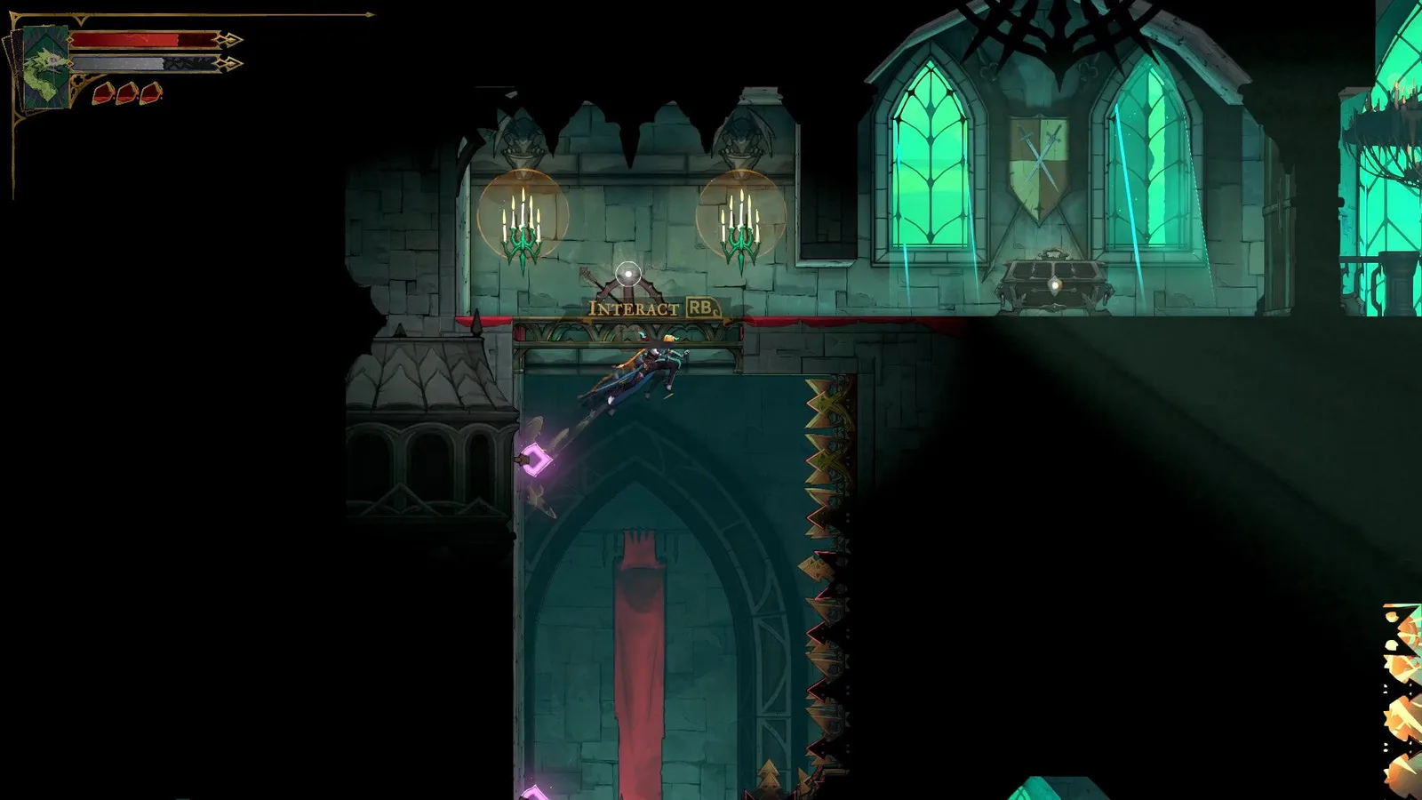 Rose jumps towards a lever in the Main Hall of Castlevania: Belmont's Curse.