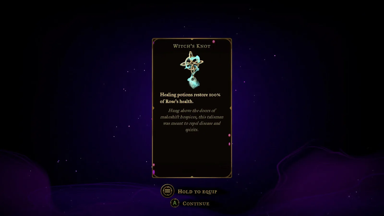The description of the Witch's Knot Relic in Castlevania: Belmont's Curse, which makes Potions restore 100% of Rose's health.