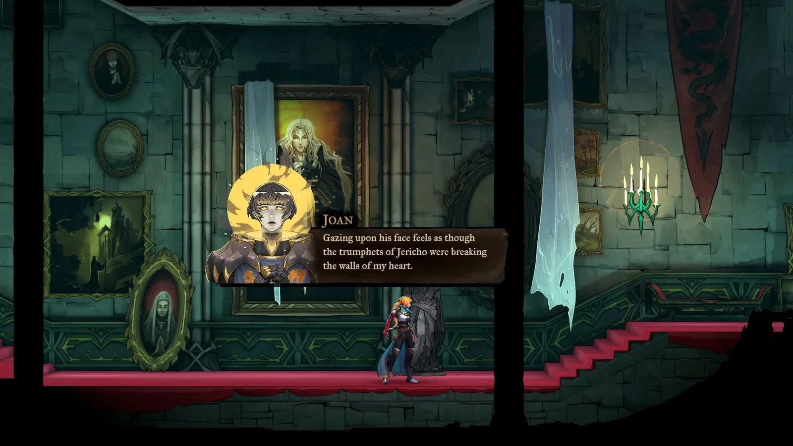 Joan comments on a portrait of Alucard in Castlevania: Belmont's Curse, murmuring that his face makes her feel as if the trumpets of Jericho are beating the walls of her heart.