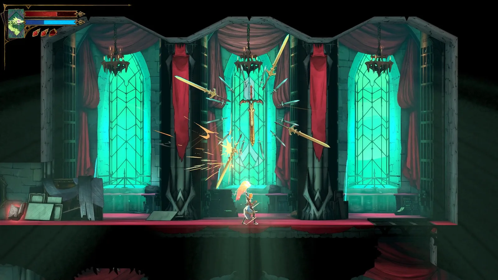 A giant Spectral Sword surrounded by smaller blades looms above Rose in Castlevania: Belmont's Curse.