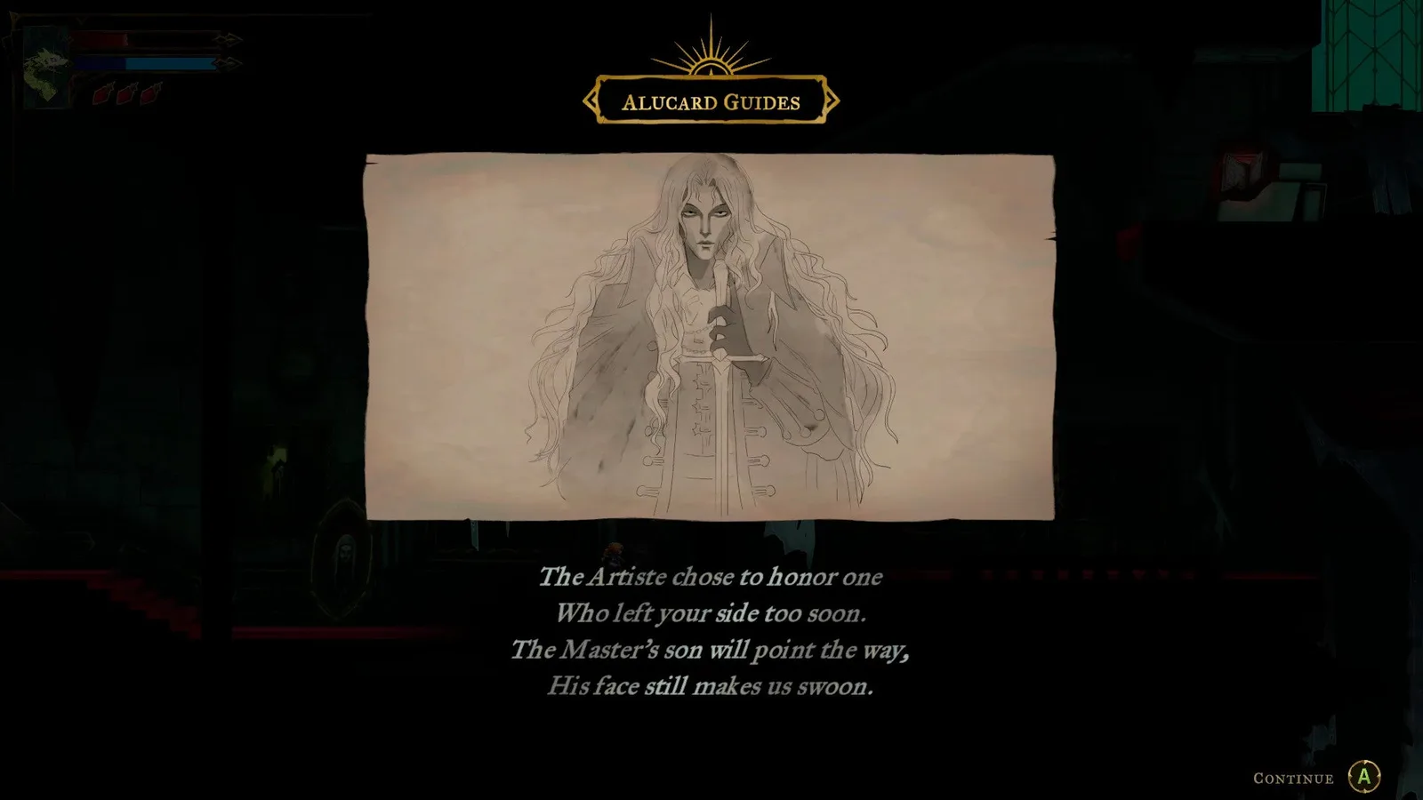 A portrait of Alucard in Castlevania: Belmont's Curse, with a description that his sword always points the way towards secrets in the Main Hall.