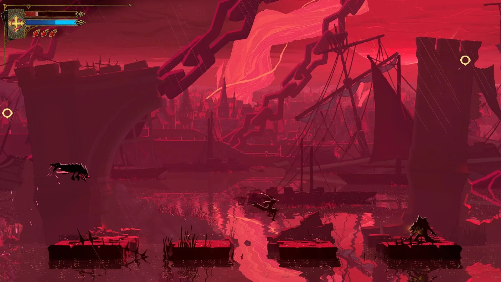 Rose jumps across platforms occupied by Mermen in a lower section of the Bridge of Notre-Dame in Castlevania: Belmont's Curse.