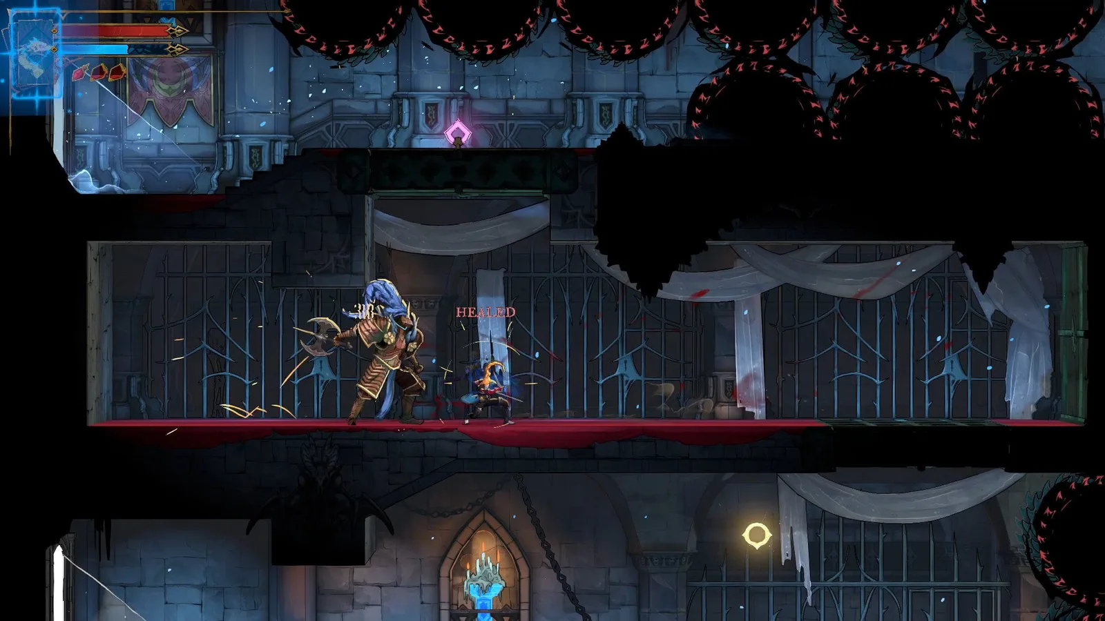 Rose attacks an Axe Armor in a hidden upper passageway in Castlevania: Belmont's Curse.