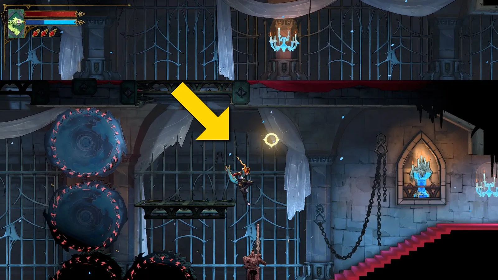 Rose jumps down a grate and prepares to attack a Spear Armor in Castlevania: Belmont's Curse.