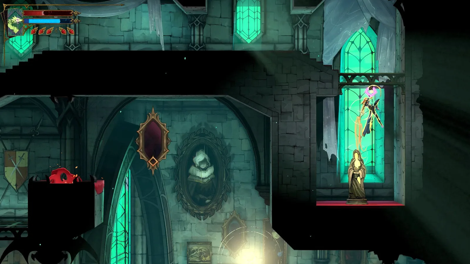 Rose falls down towards a VIrgin Mary Statue in the Main Hall of Castlevania: Belmont's Curse.