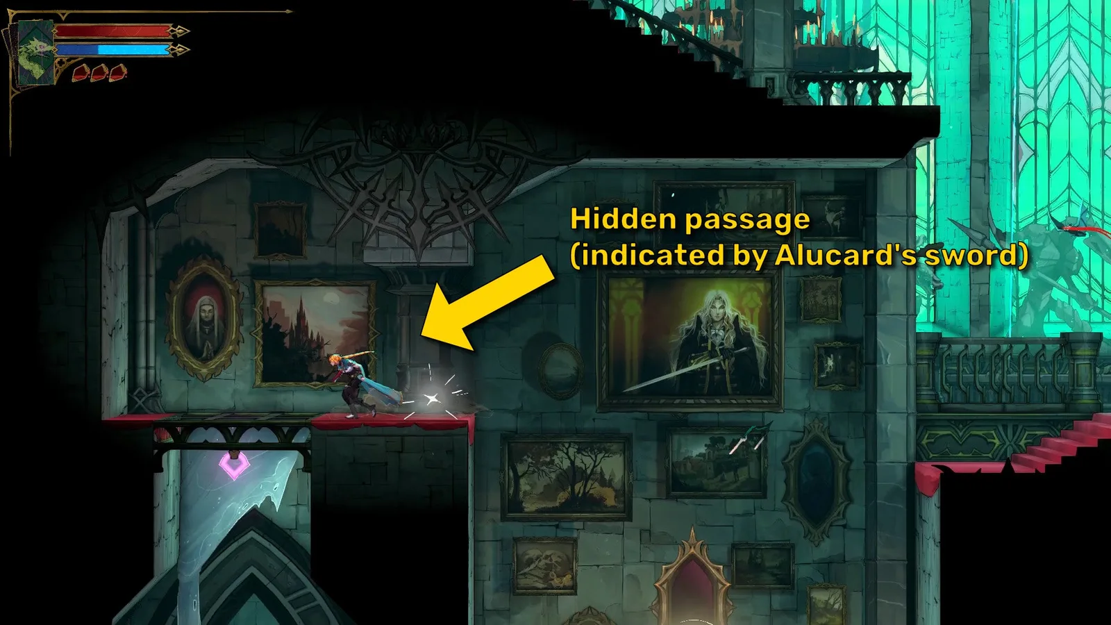 Rose enters a hidden passage marked by the direction of Alucard's sword in a nearby portrait in Castlevania: Belmont's Curse.