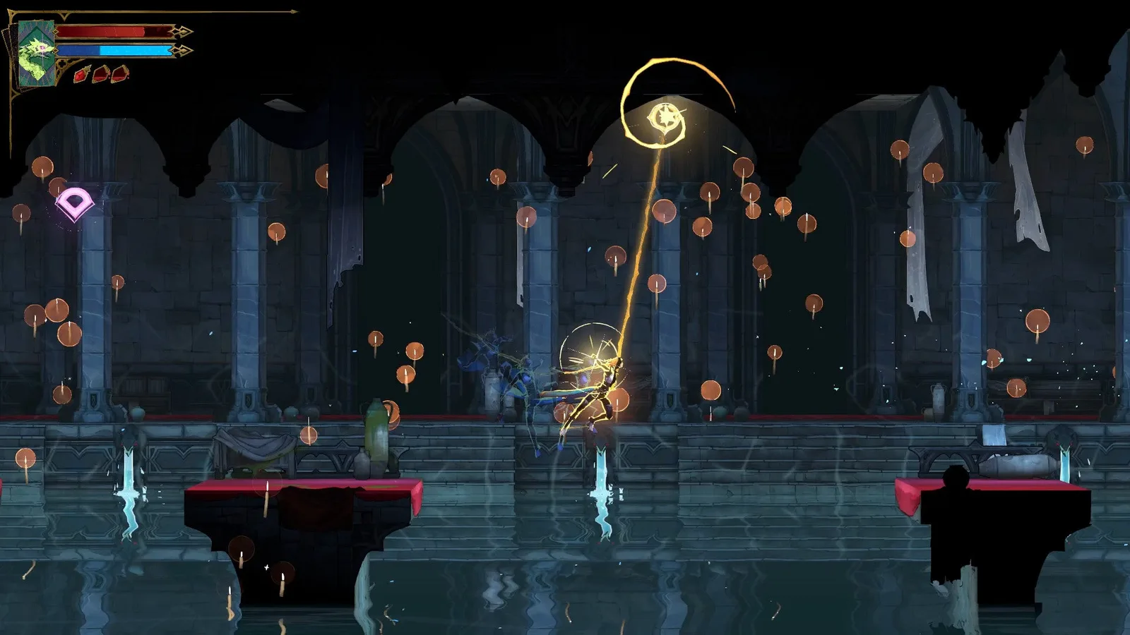 Rose swings through a flooded section of Dracula's Castle in Castlevania: Belmont's Curse. Floating candles decorate the backdrop.