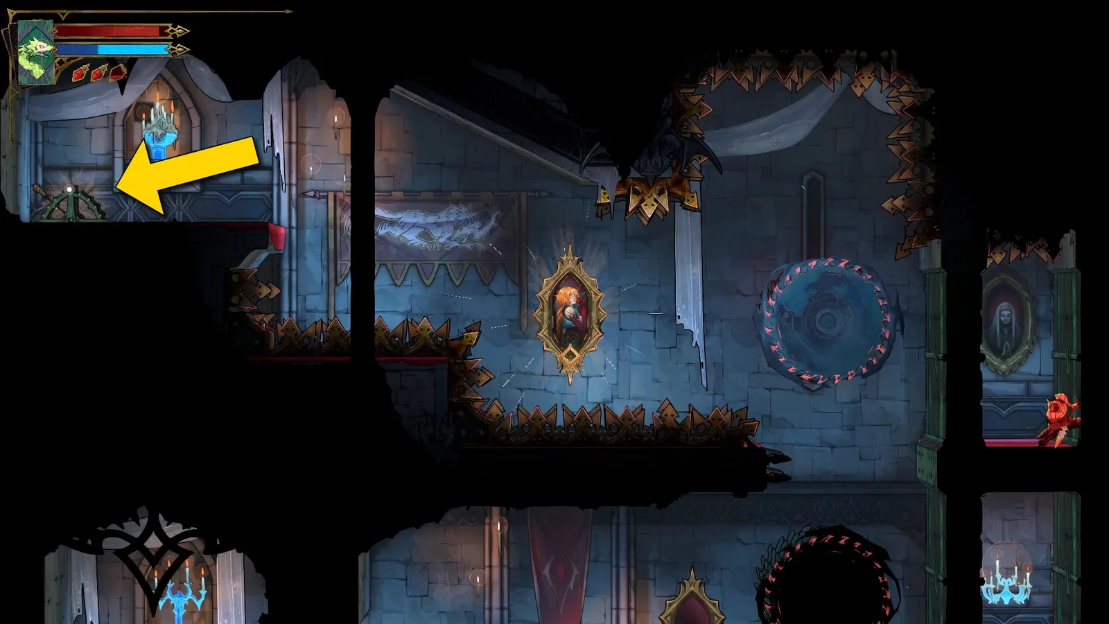 A yellow arrow highlights a lever for Rose in Castlevania: Belmont's Curse.