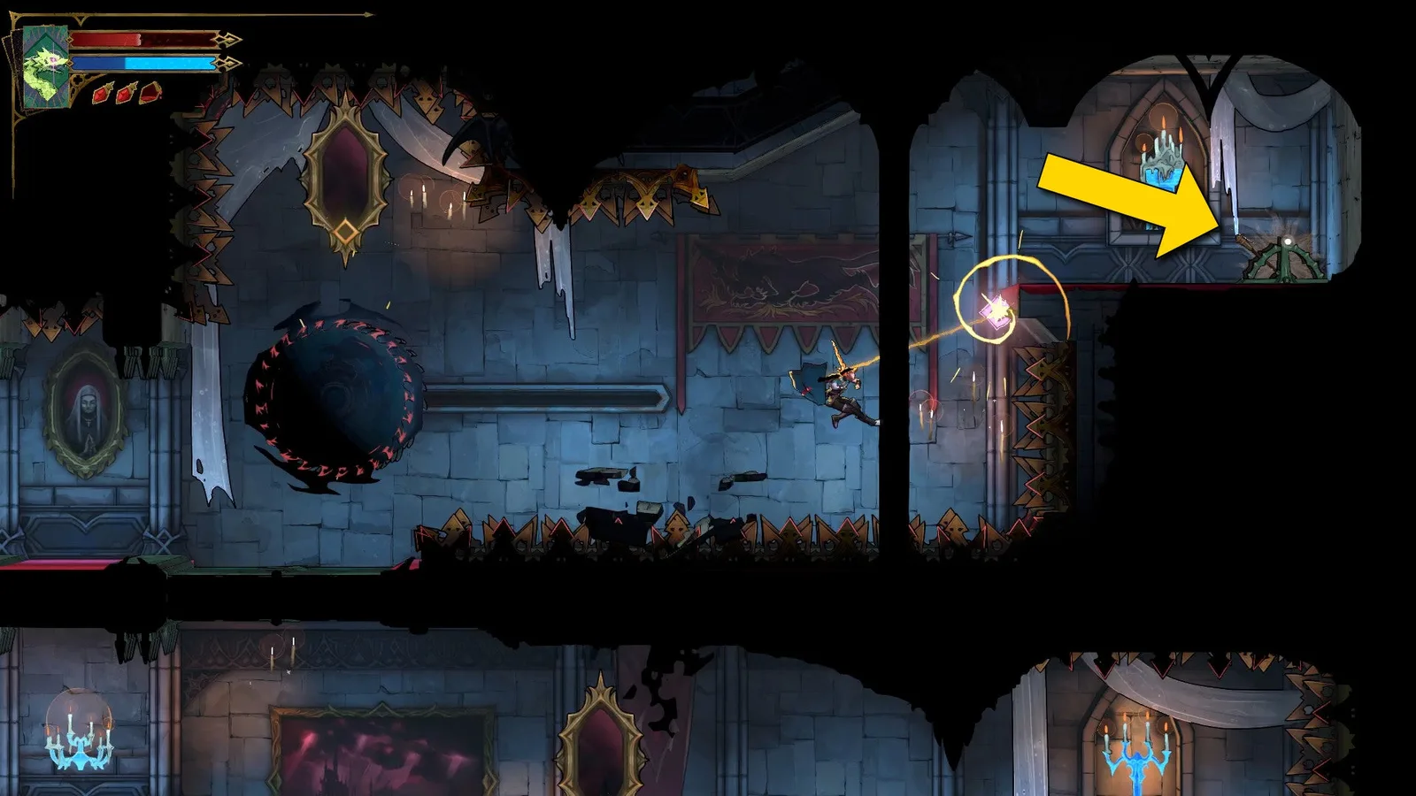 A yellow arrow highlights a lever for Rose in Castlevania: Belmont's Curse.