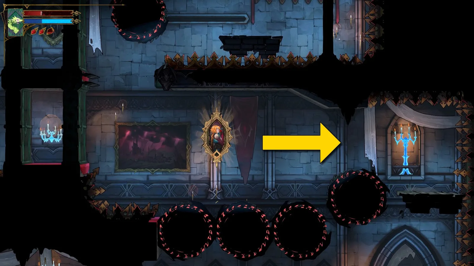A yellow arrow indicates the direction Rose (encased in a Mirror) should go in Castlevania: Belmont's Curse.