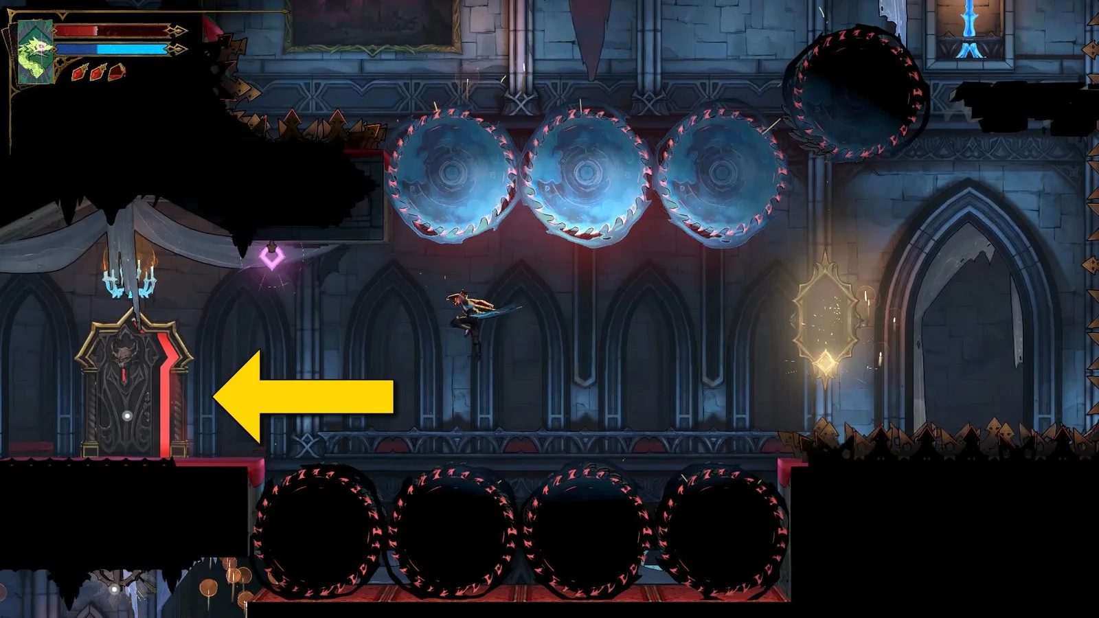 Rose runs towards a door that has several saw blades whirring in front of it in Castlevania: Belmont's Curse.