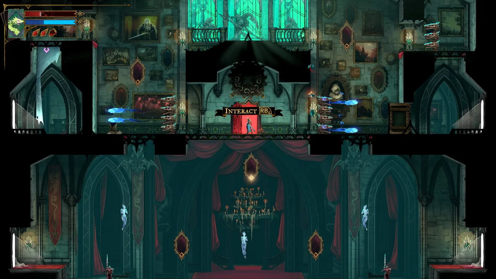 The camera zooms out to reveal a full view of the Grand Hall in Castlevania: Belmont's Curse.