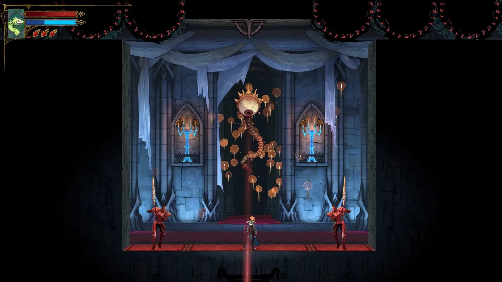 A Peeping Eye looms over Rose in a tight room in Castlevania: Belmont's Curse. Two Spear Armors also surround her.