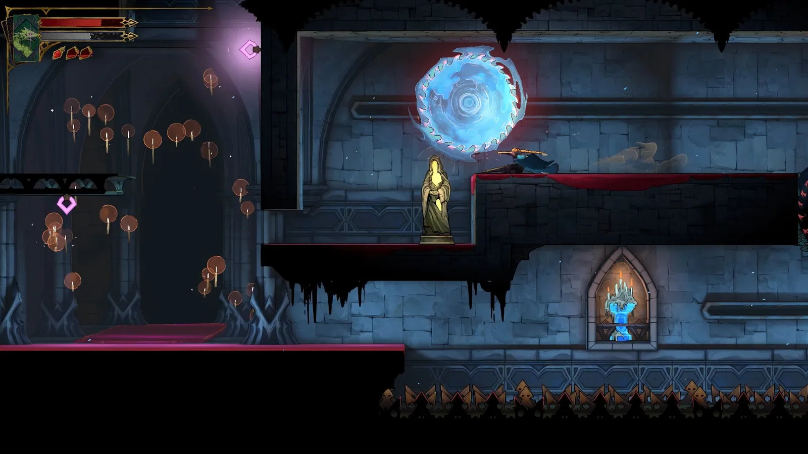 Rose dashes under a saw blade to reach a Virgin Mary Statue in Castlevania: Belmont's Curse.