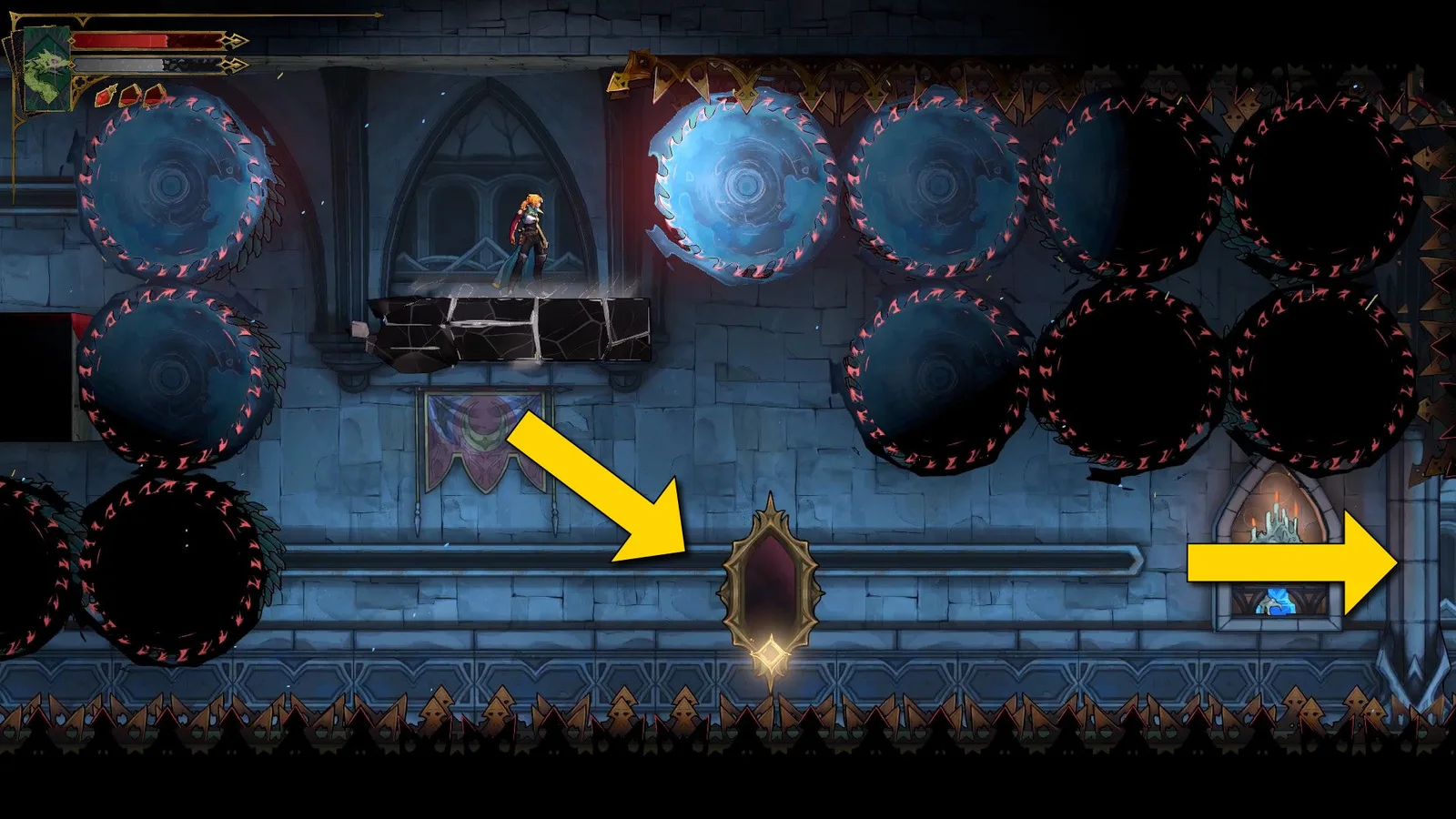 Rose stands on a Chaos Shard platform amidst huge saw blades in Castlevania: Belmont's Curse. Yellow arrows indicate that she should enter a Mirror beneath her and then shoot herself eastwards.