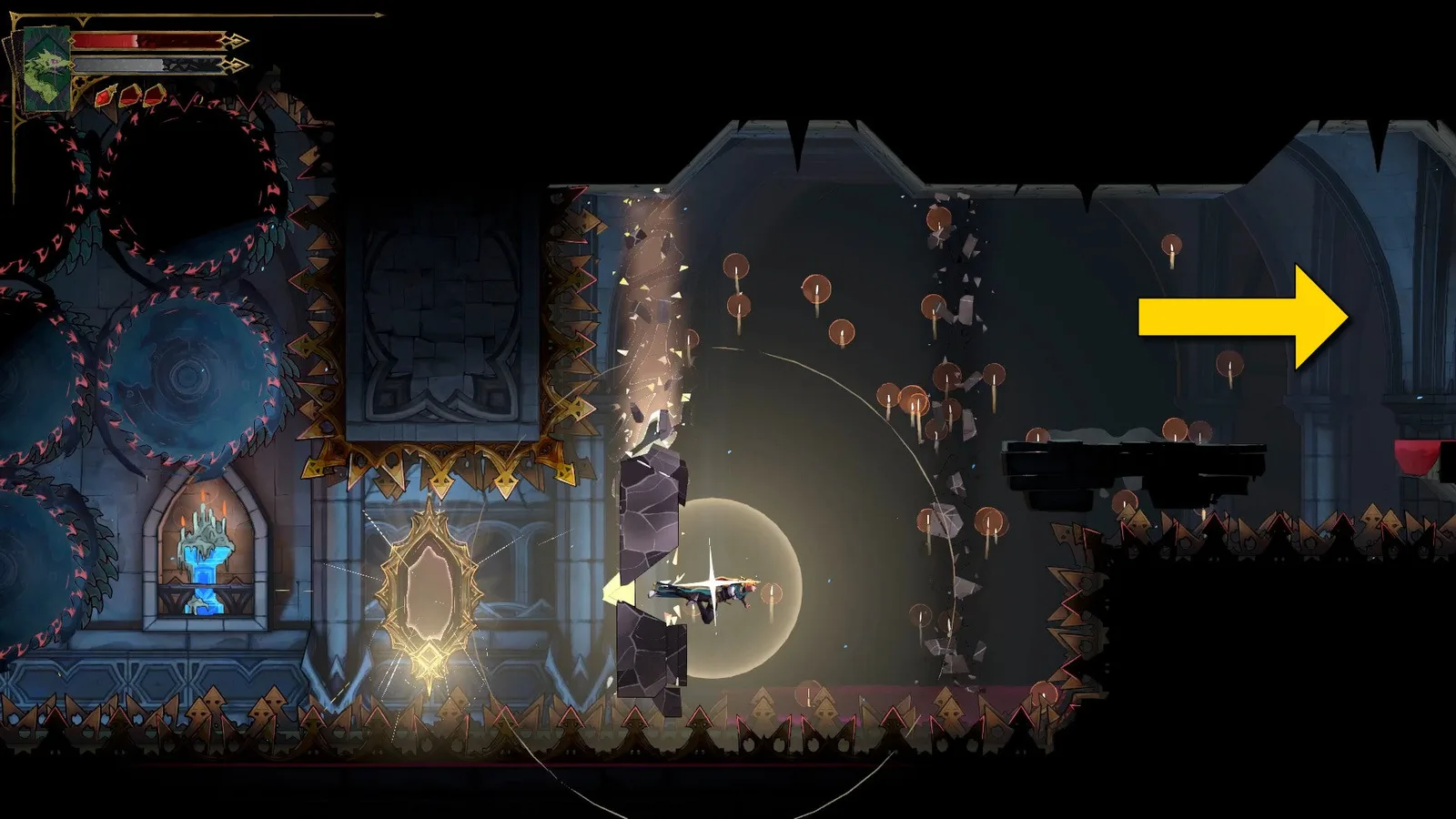Rose dashes through a Chaos Shard wall and above spikes in Castlevania: Belmont's Curse. A yellow arrow tells her to go east.