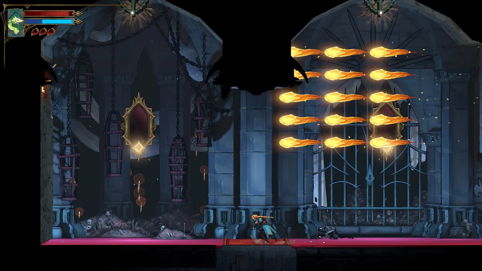 Rose runs west in Castlevania: Belmont's Curse. Rows of fireballs shoot above her, and several levers are on the ceiling.