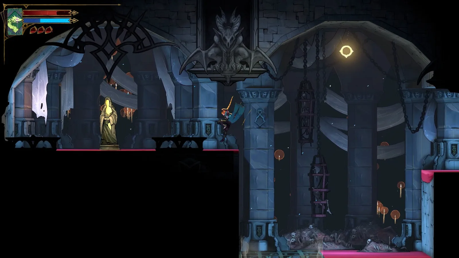 Rose jumps towards a Virgin Mary Statue in the Main Hall of Castlevania: Belmont's Curse.