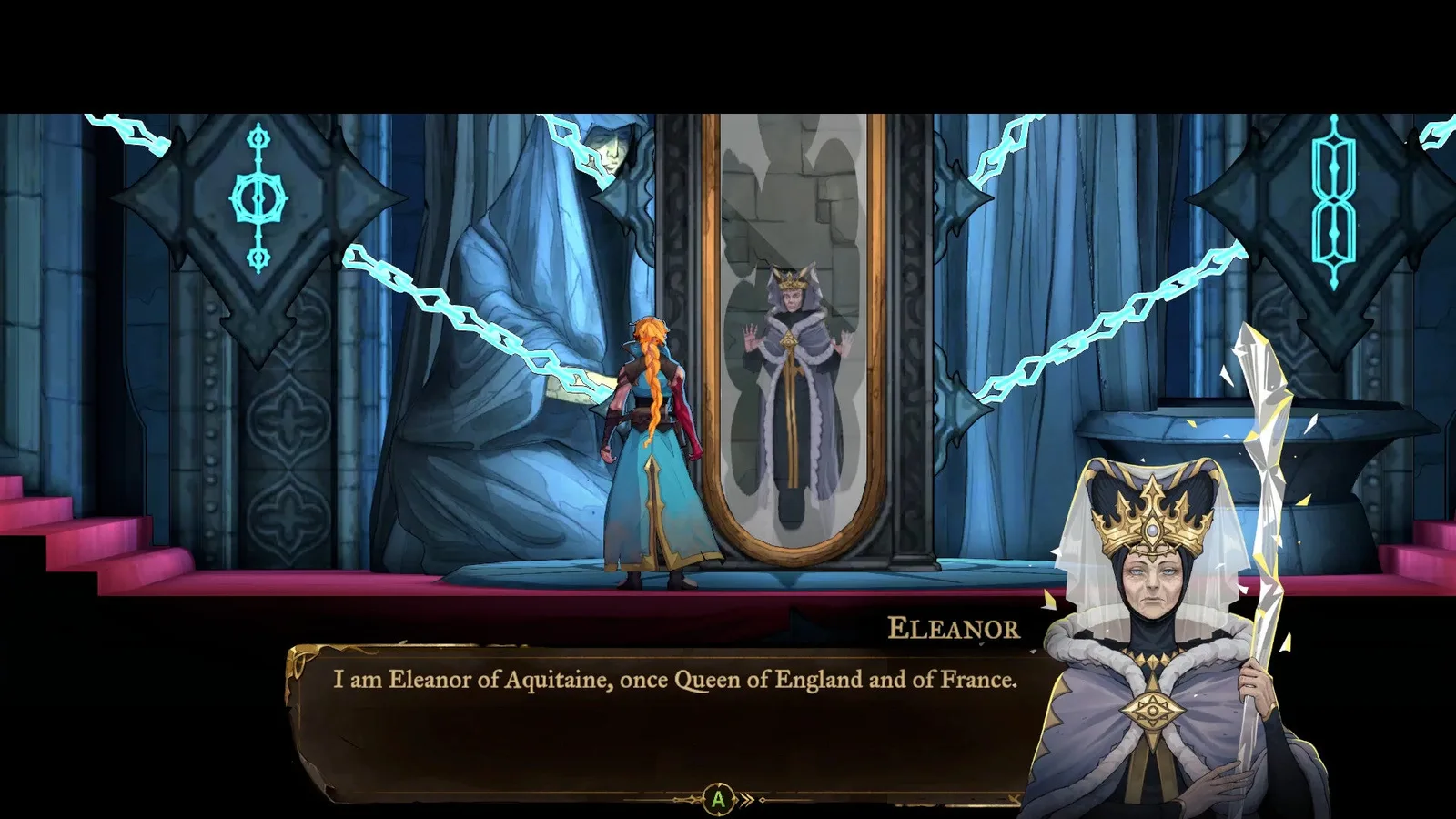 Queen Eleanor addresses Rose in Castlevania: Belmont's Curse, explaining that she is Eleanor of Aquitaine and the monarch of both England and France.