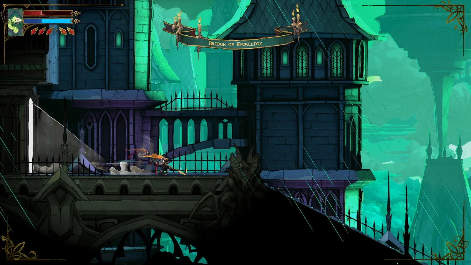 Rose slides along the Bridge of Knowledge in Castlevania: Belmont's Curse.