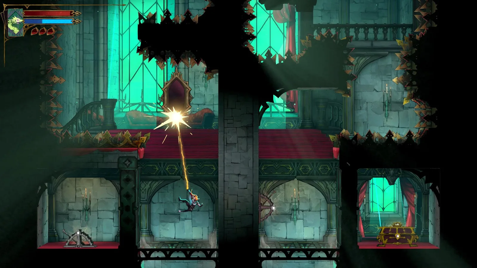 Rose whips a Mirror and prepares to start a timed platforming sequence to reach a chest on the other side of a room in Castlevania: Belmont's Curse.