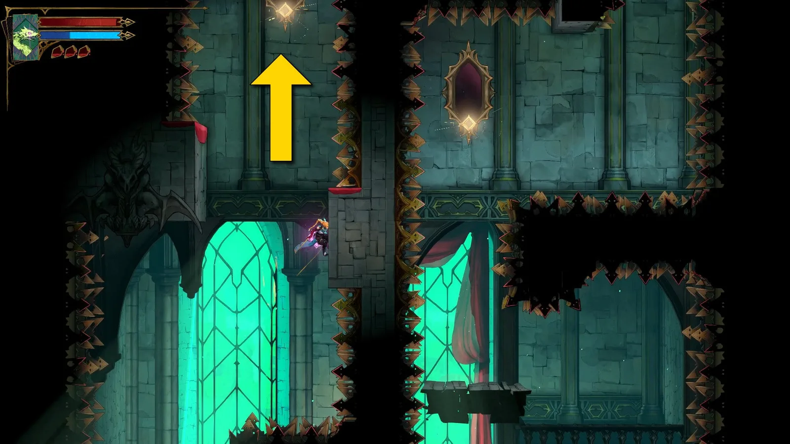 A yellow arrow points up, telling Rose where to go next during this platforming sequence in Castlevania: Belmont's Curse.