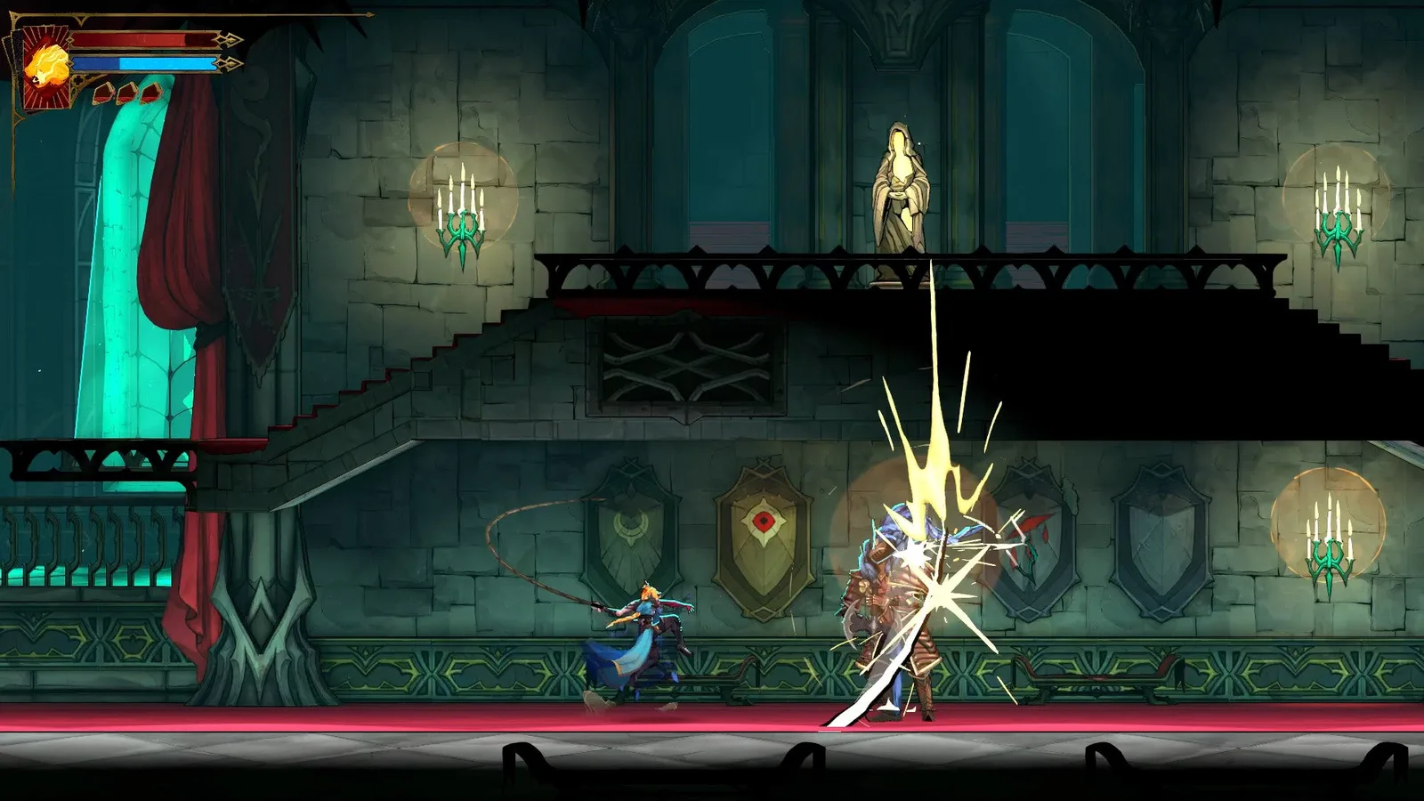 Rose attacks an Axe Armor in the Main Hall of Castlevania: Belmont's Curse. A Virgin Mary Statue is on a platform above her.