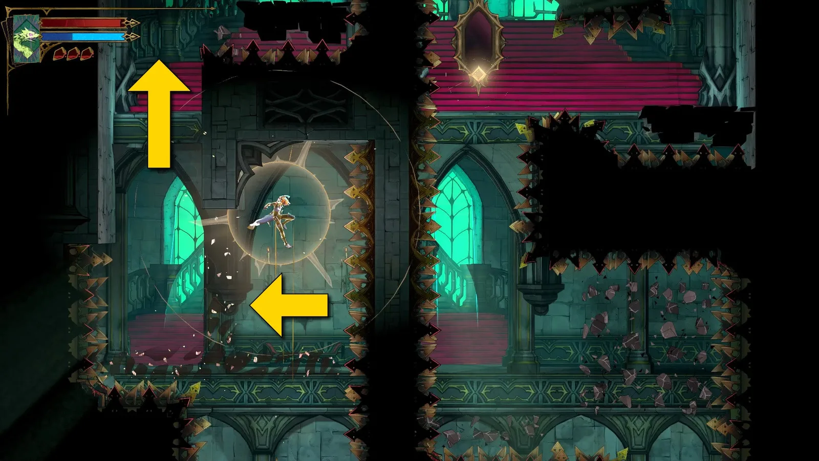 Yellow arrows point to the left and up as Rose navigates Chaos Shard walls in Castlevania: Belmont's Curse.
