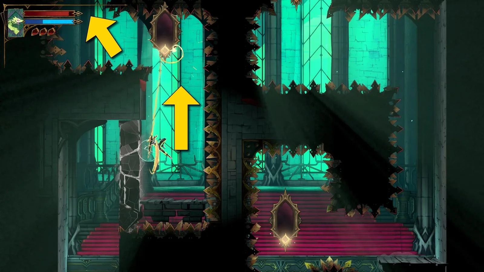 Yellow arrows point upwards towards a Mirror and the next step of a crazy platforming sequence for Rose in Castlevania: Belmont's Curse.