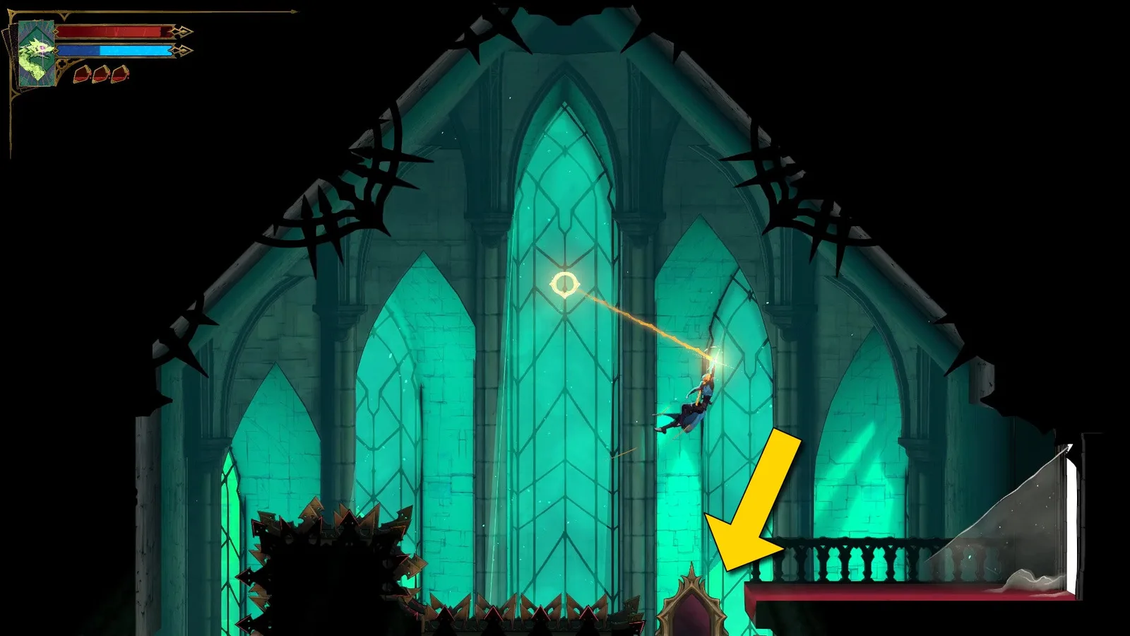 Rose swings on an Anchor in Castlevania: Belmont's Curse. A yellow arrow points to a Mirror beneath her that she should enter.