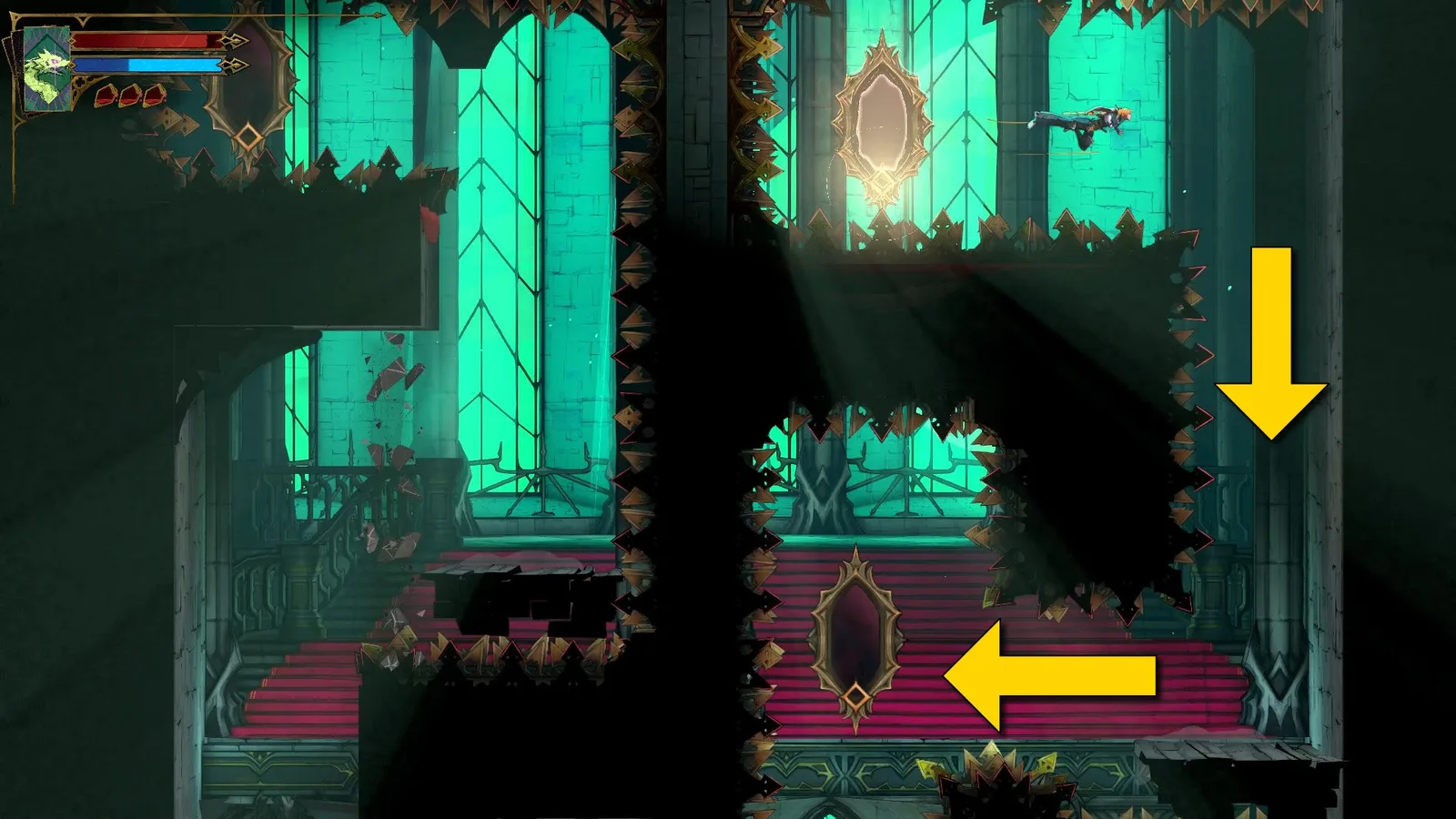 Yellow arrows indicate that Rose should go down and then to the left in the next step of this platforming sequence in Castlevania: Belmont's Curse.