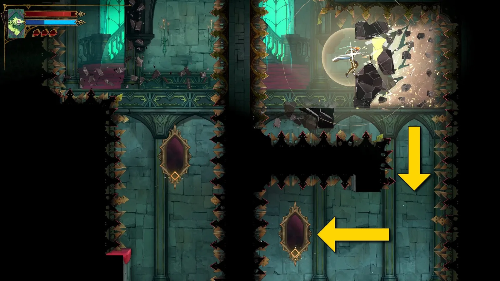 Rose uses Holy Light to pass through Chaos Shard walls in Castlevania: Belmont's Curse. Yellow arrows tell her to go down and then enter a nearby Mirror beneath her.