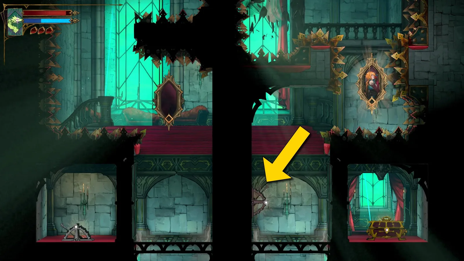 A yellow arrow points towards a lever that Rose needs to hit in order to finish a crazy platforming sequence in Castlevania: Belmont's Curse.