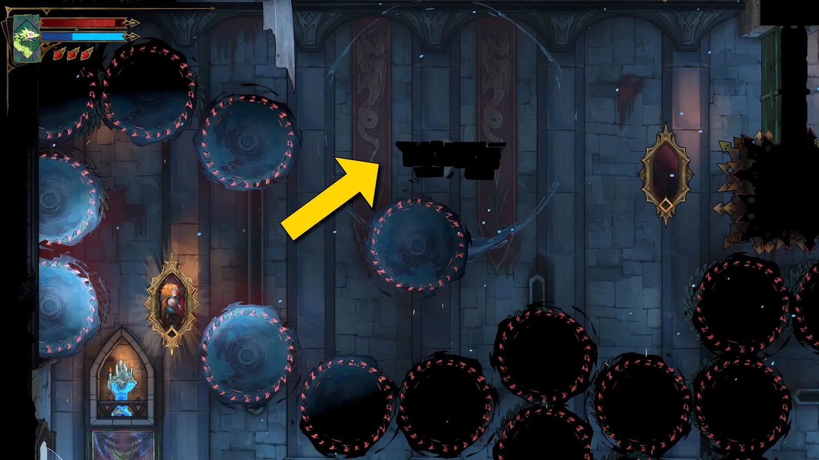 A yellow arrow points to a platform for Rose to jump on in Castlevania: Belmont's Curse.