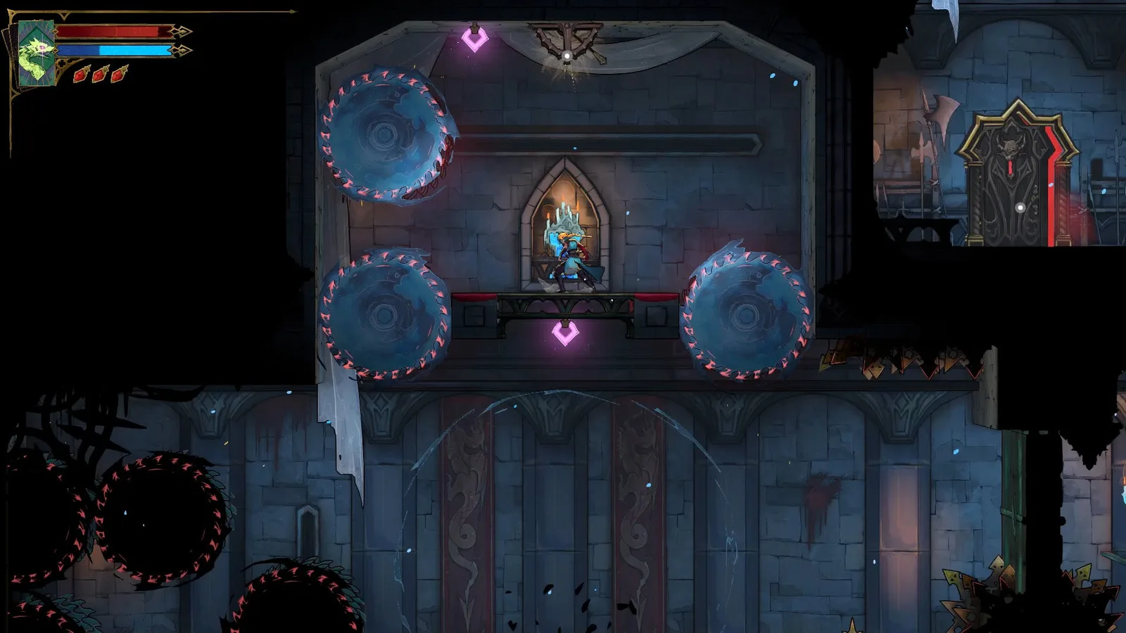 Rose stands in a small alcove with a lever above her in Castlevania: Belmont's Curse.