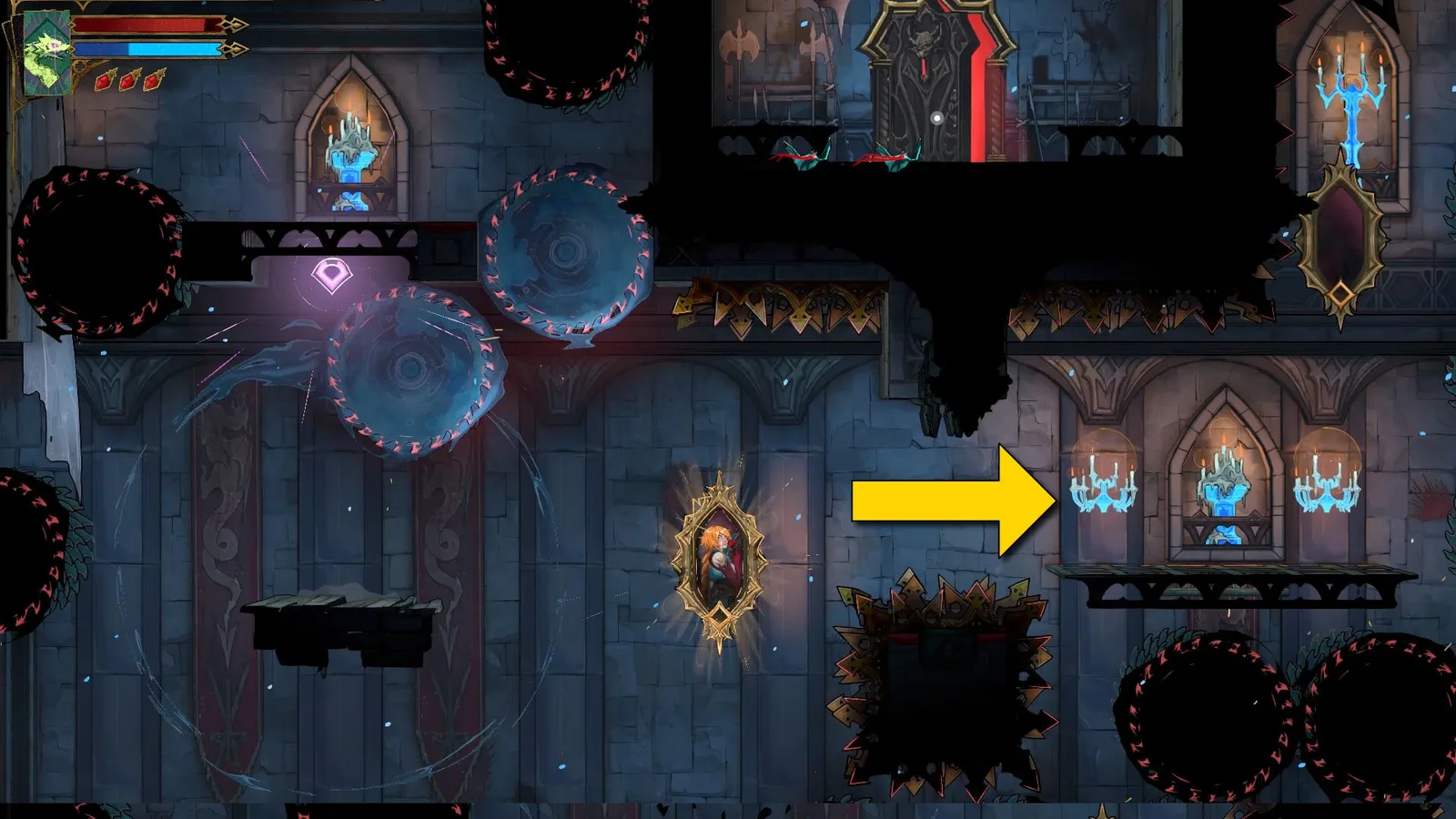 Rose is encased in a Mirror in Castlevania: Belmont's Curse. A yellow arrow indicates that she should go east.