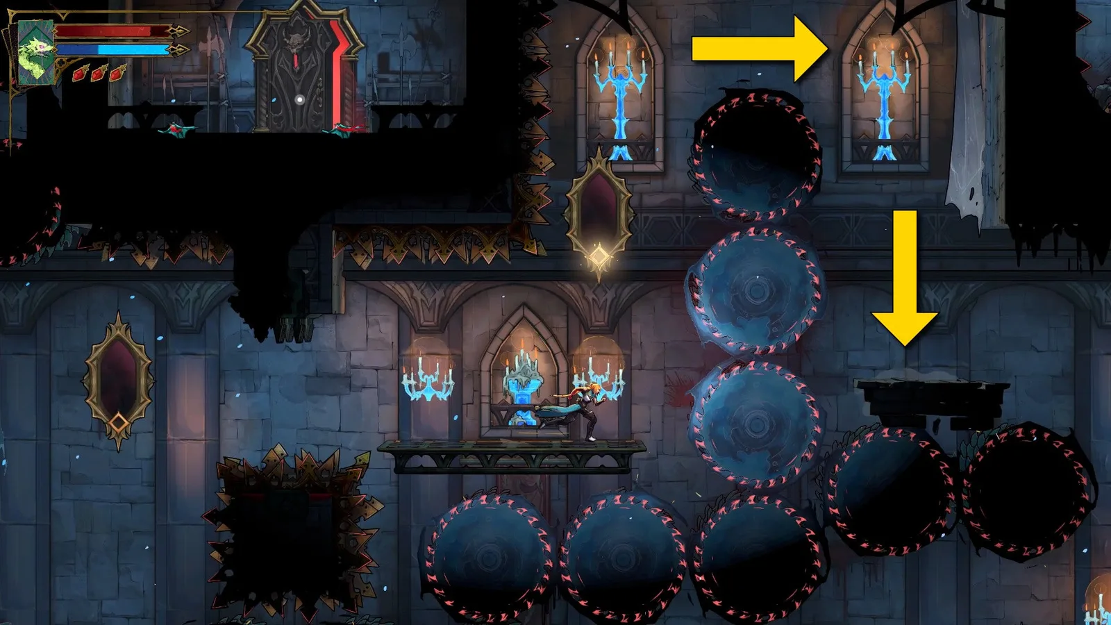 Yellow arrorws indicate that Rose needs to go to the right and then down in this crazy platforming sequence in Castlevania: Belmont's Curse.