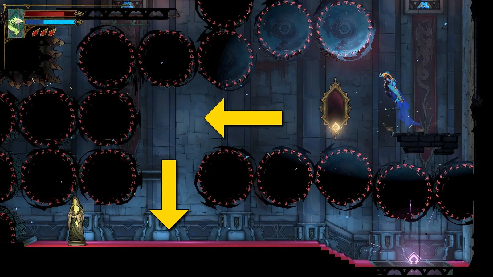 Rose finishes a crazy platform sequence in Castlevania: Belmont's Curse. Yellow arrows point to the left and down to where a Virgin Mary Statue lies.