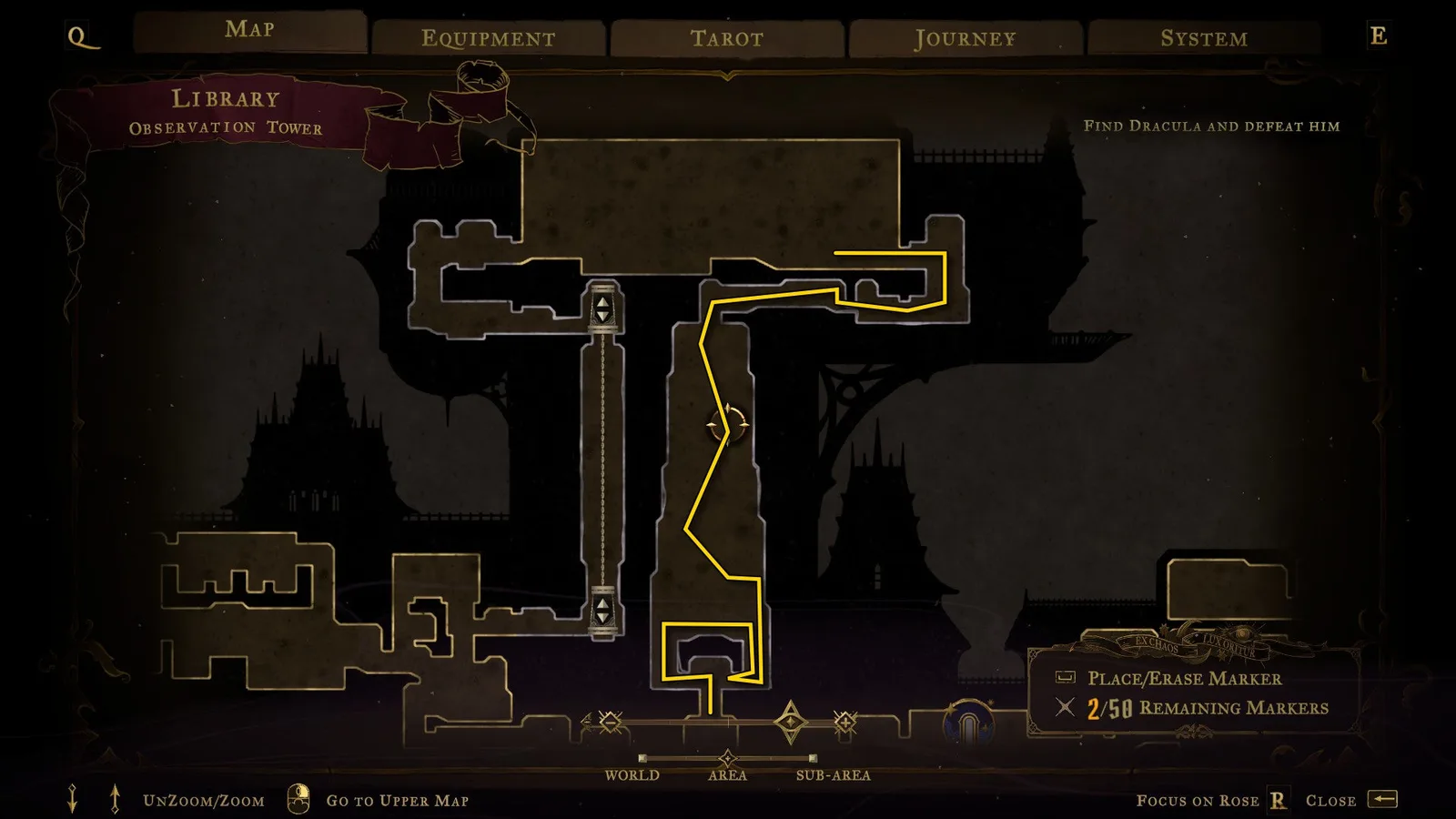 An annotated map showing routes through the Library of Castlevania: Belmont's Curse.