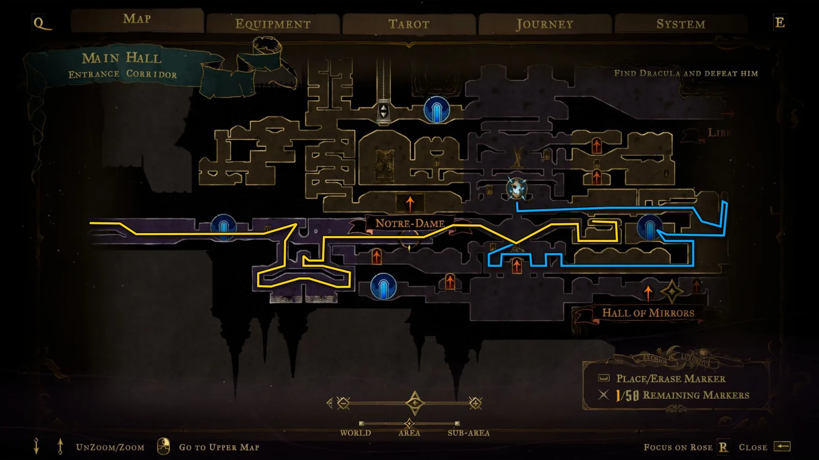 An annotated map showing pathways through the Main Hall of Castlevania: Belmont's Curse.